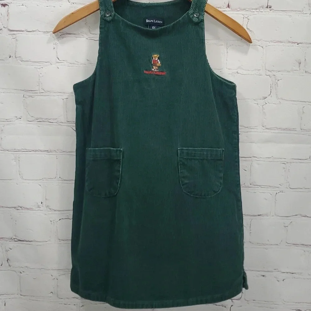 Ralph Lauren Green Corduroy Dress Overall Embroidered Bear Size 6x